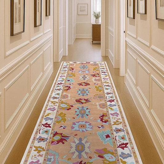 Fame Living Orange Oushak Rug, Vintage Turkish Eclectic Floral Sweet Pastel Large Runner Rugs for Hallway Kitchen Living Room Dining Bedroom Kitchen Bathroom 2'5"x13'