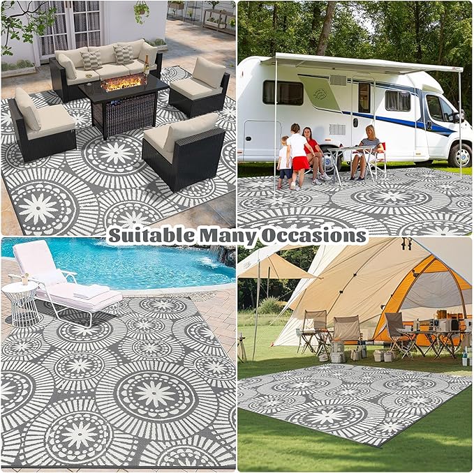 Ileading Outdoor Plastic Straw Rug 8x10ft Modern Geometric Style Reversible Patio Area Rugs Waterproof Non Shedding Portable Carpets for Rv Outside Deck Pool Beach Picnic Camping (Grey)