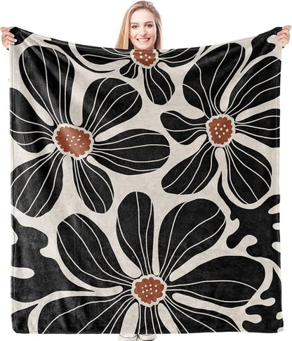 HIWX Boho Abstract Floral Blanket, Modern Abstract Boho Black Flower Throw Blanket for Home Living Room Bedroom Couch Bed Decor, 50x60 Inches