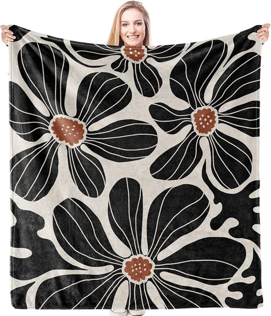 HIWX Boho Abstract Floral Blanket, Modern Abstract Boho Black Flower Throw Blanket for Home Living Room Bedroom Couch Bed Decor, 50x60 Inches