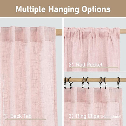 LAMIT 72 inch Pink Linen Curtains for Living Room 2 Panels, Linen Textured Light Filtering Semi Sheer Back Tab and Rod Pocket Farmhouse Curtain Panels for Bedroom/Farmhouse, 52 x 72 Inch