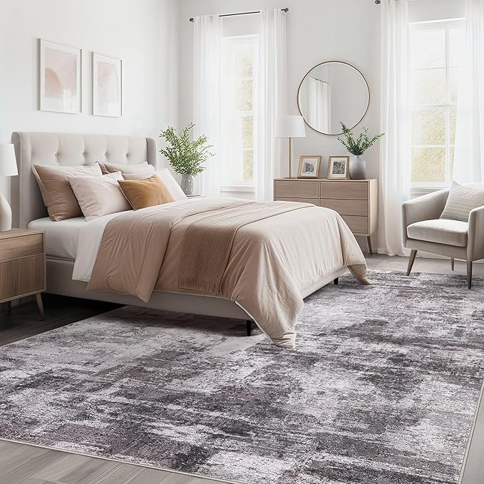 Abstract Living Room Rug 9x12 - Modern Washable Soft Thin Area Rug for Living Room Bedroom Under Dining Table - Neutral Indoor Floor Rug Carpets for Home Office Playroom Nursery - Grey