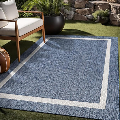 Bordered Outdoor Rug 6x9 Washable Outside Carpet for Indoor Patio Porch Waterproof Easy Cleaning Non Shedding Area Rugs Blue 6 x 9