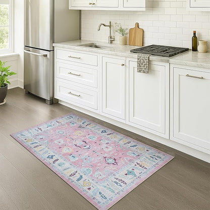 Fame Rugs Pink Modern Oushak Rug 3x5, Washable Vintage Turkish Colorful Oriental Antique Inspired Foldable Small Area Rugs, Luxury Living Room Bedroom (385PB, 2'6" x 5')