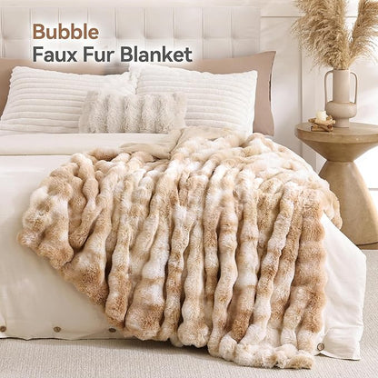 Smoofy Faux Fur Throw Blanket for Couch – Tie-dye Camel Fluffy Cozy Rabbit Fleece, Plush Soft Bubble Blanket for Sofa & Bed, for Mom, Warm Fuzzy Home Room Decor Throw 50" x 60"