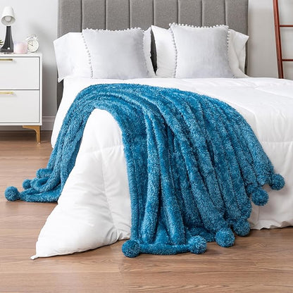 Pavilia Teal Sherpa Throw Blanket for Couch, Warm Plush Pom Blanket Throw, Blue Fuzzy Sofa Throw, Lightweight Soft Cozy Fluffy Blanket with Poms, Turquoise, 50x60