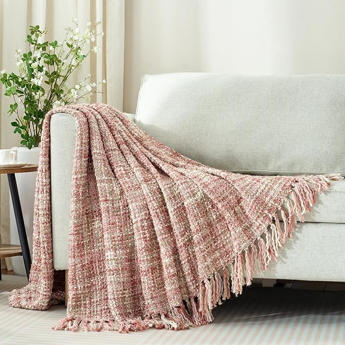 Multi-Color Light Pink Cable Knitted Throw Blanket for Couch,50"X60" Boho Style Textured Blankets for Home Decor,Super Soft Warm Cozy Chunky Knit Blanket with Decorative Tassels for Bed