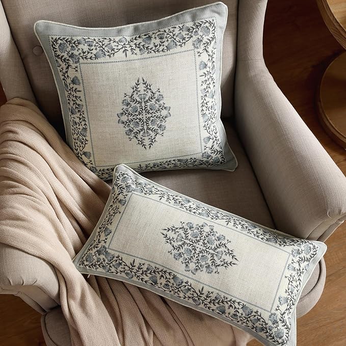 ISAENNE Design Linen Rectangle Throw Pillow Covers 12"x20" Pack of 2, Cottage Farmhouse Cushion Covers with Blue Grey Thorn Vine Pattern Decoration Pillowcases for Bed, Living Room, Outdoor, Car