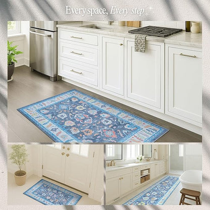 Fame Rugs Blue Modern Oushak Rug 3x5, Washable Vintage Turkish Colorful Oriental Antique Inspired Foldable Small Area Rugs, Luxury Living Room Bedroom (387BNB, 2'6" x 5')