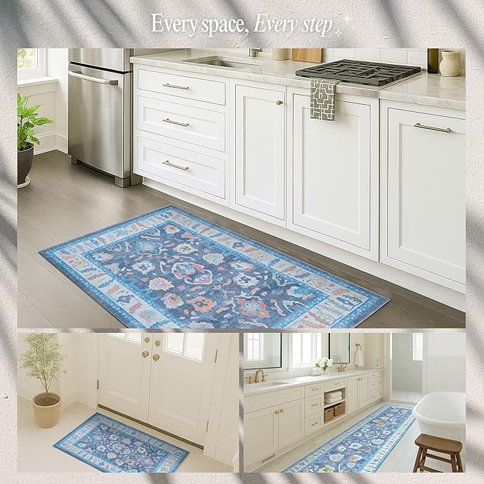 Fame Rugs Blue Modern Oushak Rug 5x7, Washable Vintage Turkish Colorful Oriental Antique Inspired Area Rugs, Luxury Living Room Bedroom (387BNB, 5' x 7')