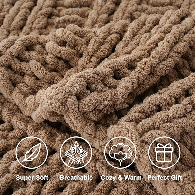 Battilo Beige Chunky Knit Throw Blanket for Couch, Super Soft Thick Warm Cable Knitted Blanket, Khaki Chenille Throw Taupe Blankets for Bed,Sofa, Living Room, 50"x60"