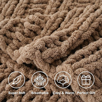 Battilo Beige Chunky Knit Throw Blanket for Couch, Super Soft Thick Warm Cable Knitted Blanket, Khaki Chenille Throw Taupe Blankets for Bed,Sofa, Living Room, 50"x60"