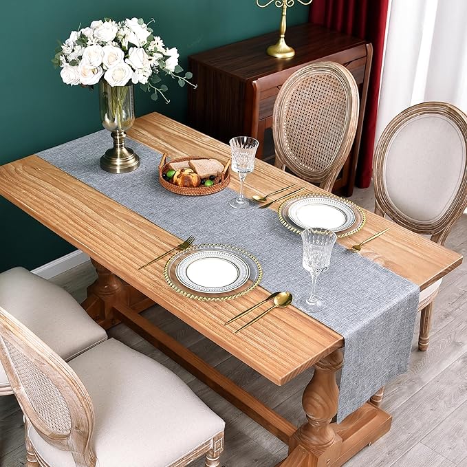 NEWISHER Farmhouse Rustic Table Runner Solid Grey Rectangular Table Runners Faux Linen Table Runner for Everyday Use Kitchen Dining Party Table 13x48 Inch
