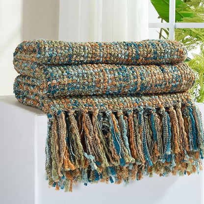 Multi-Color Gold Green Cable Knitted Throw Blanket for Couch,50"X60" Boho Style Textured Blankets for Home Decor,Super Soft Warm Cozy Chunky Knit Blanket with Decorative Tassels for Bed