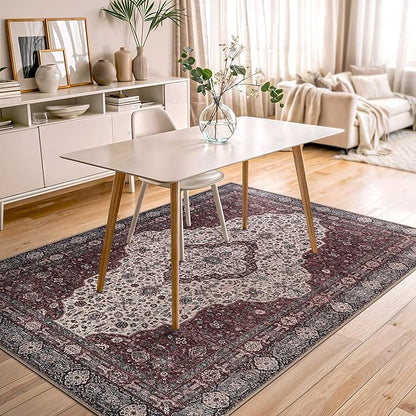 Bloom Rugs Washable Non-Slip 5' x 7' Rug - Red/Green/Cream Traditional Medallion Area Rug for Living Room, Bedroom, Dining Room, and Kitchen - Exact Size: 5' x 7'