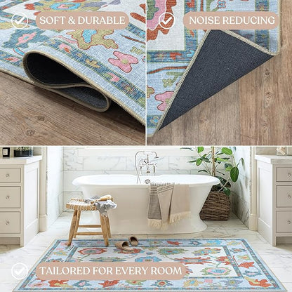 Fame Living Colorful Oushak Rug, Modern, Vintage, Turkish, Eclectic, Floral, Pastel, Washable, Area Rugs for Living Room, Dining, Bedroom, Office, Entryway, Foyer, Playroom, Nursery, 5'x6'9"