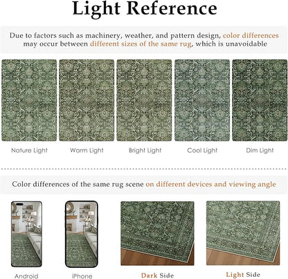 Green Area Rug 3x5 Washable Office Entryway Carpet Soft Vintage Indoor Kitchen Living Room Door Mat Traditional Retro Distressed Thicker Throw Small Rug Bedroom Dining Room Bathroom