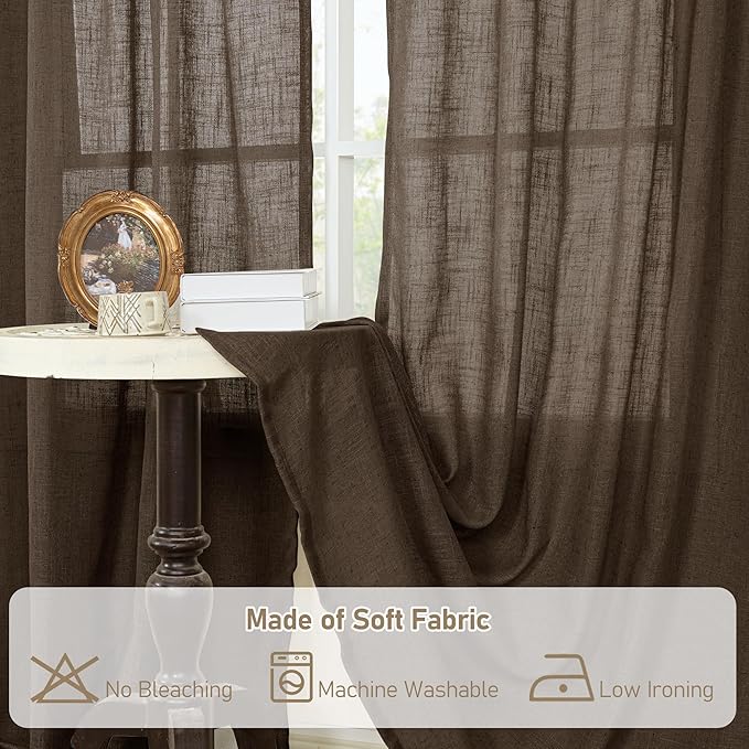 LAMIT Dark Brown Sheer Linen Curtains, 108 inch Light Filtering Semi Sheer Panels Back Tab and Rod Pocket Farmhouse Drapes for Bedroom/Living Room, 2 Panels, 52 x 108 Inch