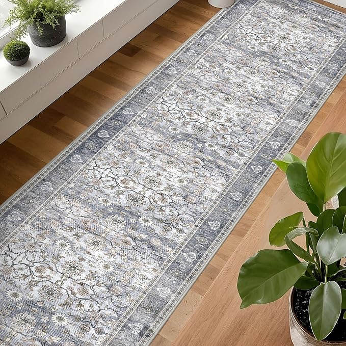 KUTA Vintage Washable Long Hallway Runner Rug, 2.6x16 Grey Blue Non-Slip Kitchen Rugs Ultra Thin Soft Printed Distressed Oriental Floral Floor Carpet for Laundry Bedroom Living Room Nursery
