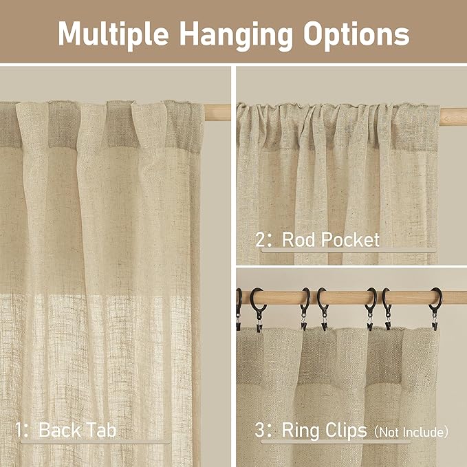 LAMIT Semi Sheer Linen Curtains 36 Inch Length 2 Panels, Light Filtering Panels Back Tab and Rod Pocket Neutral Drapes for Cafe/Kitchen/Loft Room, Linen, 25 x 36 Inch