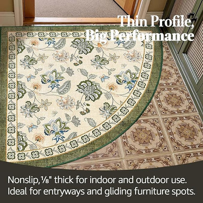 jinchan Elora Floral Corner Rug for Entryway Washable Rug Vintage Romance Christmas Design Non Slip Quarter Circle Lightweight Low-Pile Throw Carpet for Playroom Nook Nursery 4ft Radius, Green/Beige