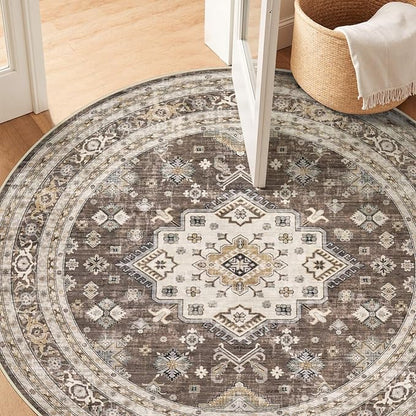 6ft Round Vintage Living Room Area Rug - 6x6 Large Soft Washable Oriental Traditional Distressed Farmhouse Rugs for Bedroom - Indoor Floor Accent Carpet for Home Office House Decor - Dark Brown