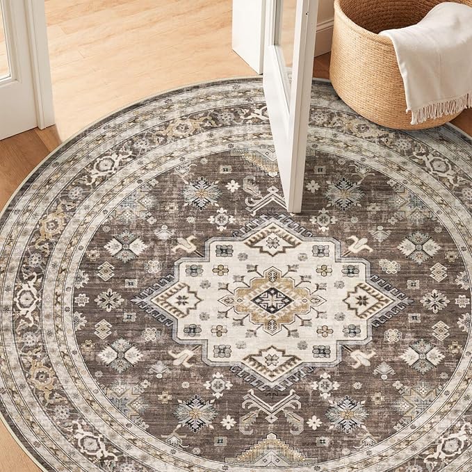 5ft Round Vintage Living Room Area Rug - 5x5 Large Soft Washable Oriental Traditional Distressed Farmhouse Rugs for Bedroom - Indoor Floor Accent Carpet for Home Office House Decor - Dark Brown