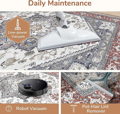 OPPODREAM Thin 6x9 Area Rugs, Washable Rug 6x9 with Non Slip Backing, Faux Cashmere Low-Pile 6 x 9 Carpet, Red & Grey