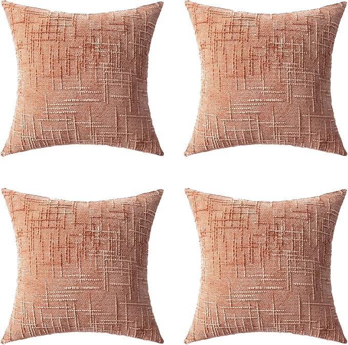 Decorative Throw Pillow Covers 18x18 Inch Set of 4, Soft Solid Farmhouse Chenille Couch Pillows, Spring Pillow Covers for Couch Sofa Bed Living Room Home Decor Pillowcase, Coral