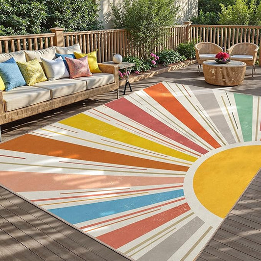 Multicolored Outdoor Indoor Area Rug Boho Sun Rainbow Washable Outdoor 8x10 Patio Rugs Medieval Aesthetic Vintage Abstract Art Non-Slip Carpet for Living Room, Patio, Porch, Pool Deck (8x10)