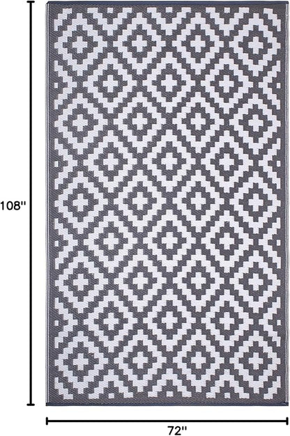 FH Home Outdoor Rug - Waterproof, Fade Resistant, Reversible - Premium Recycled Plastic - Geometric - Large Patio, Deck, Sunroom, Camping, RV - Aztec - Gray & White Crease Free - 6 x 9 ft