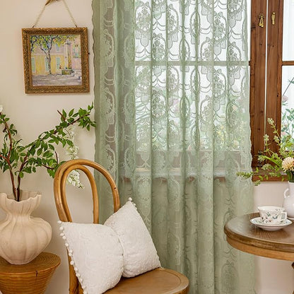 Green Lace French Delicacy Curtains 84 Inches Long -Rod Pocket Luxury Vintage Bow Butterfly Sheer Flower Lace Curtains for Living Room Bedroom，52 x 84 Inch, 2 Panels