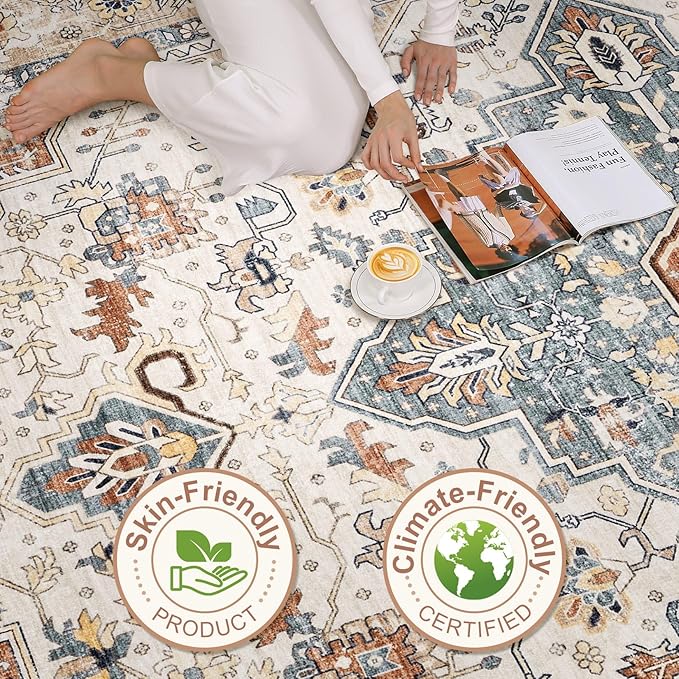 5x7 Area Rugs Living Room: Washable Boho Large Neutral Vintage Soft Rug Stain Resistant Distressed Farmhouse Non-Slip Indoor Floor Carpet for Bedroom Nursery Kids Office Dining Room- Beige Blue