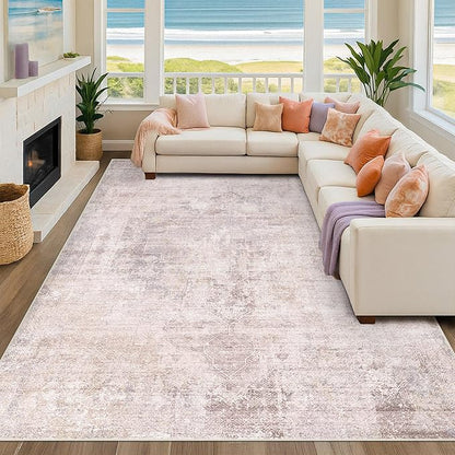 Pink and Grey 6x8 Living Room Rug, Morden Washable Area Rug for Bedroom, Non Slip Carpet for Dinning Room Under Table, Medallion Distressed Print Pattern