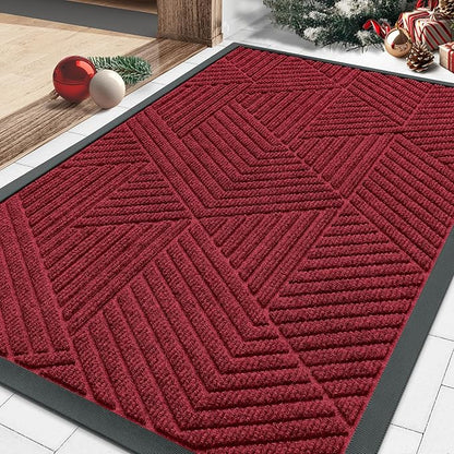 Smiry Front Door Mat Outside Entrance, Heavy Duty Sturdy Natural Rubber Doormat, Trap Dirt and Moisture, Easy Clean Low Profile Mats for Indoor Outdoor Entry, Irregular Triangle (29.5x17, Wine Red)