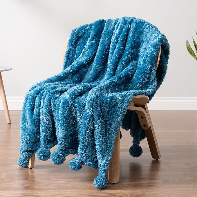 Pavilia Teal Sherpa Throw Blanket for Couch, Warm Plush Pom Blanket Throw, Blue Fuzzy Sofa Throw, Lightweight Soft Cozy Fluffy Blanket with Poms, Turquoise, 50x60