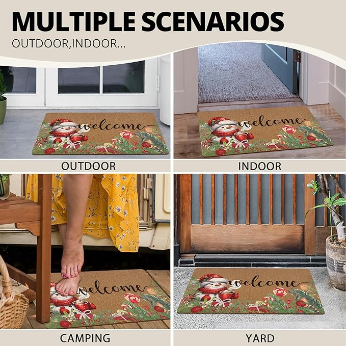 Christmas Snowman Door Mat, Winter Welcome Doormat, Christmas Holiday Welcome Front Door Mat Indoor Outdoor Entrance, Xmas Botanical Artificial Coir Doormats Rugs for Porch Entryway 30x17in
