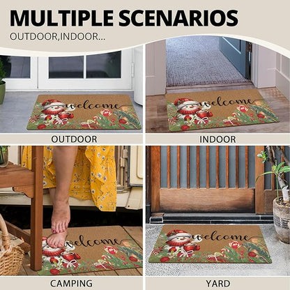 Christmas Snowman Door Mat, Winter Welcome Doormat, Christmas Holiday Welcome Front Door Mat Indoor Outdoor Entrance, Xmas Botanical Artificial Coir Doormats Rugs for Porch Entryway 30x17in