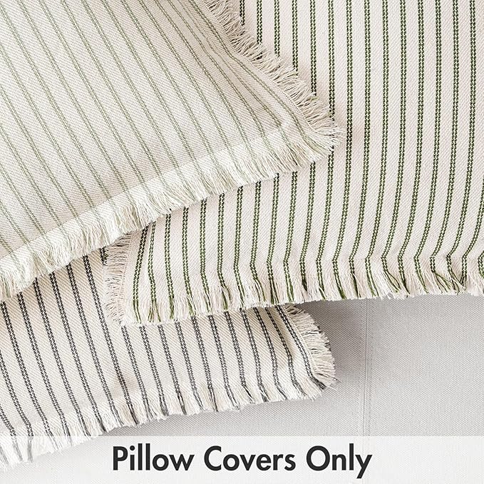 MIULEE Pack of 2 Sage Green Pillow Covers 20x20 Inch Striped Farmhouse Couch Spring Throw Pillow Covers with Fringe Chic Linen Decorative Cushion Covers for Sofa Living Room Bed Outdoor Home Decor