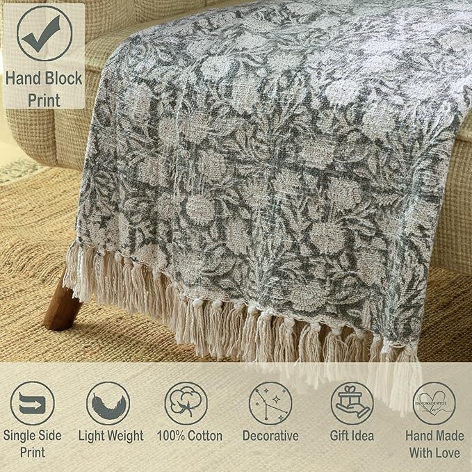 100% Pure Cotton Handblock Printed Throw Blanket, Soft 50" x 60" Fringed Floral Print Throw for Couch, Sofa, Chair, Bed - Cozy, Machine Washable, Comfortable Home Decor