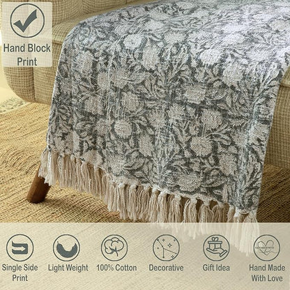 100% Pure Cotton Handblock Printed Throw Blanket, Soft 50" x 60" Fringed Floral Print Throw for Couch, Sofa, Chair, Bed - Cozy, Machine Washable, Comfortable Home Decor