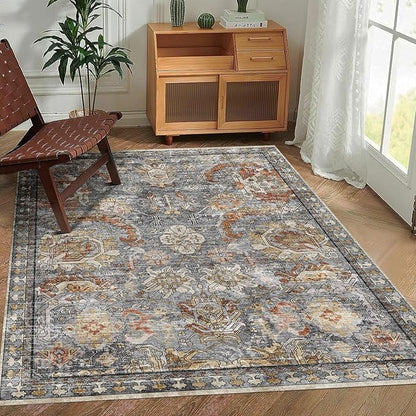 RUGSURE Washable Area Rugs - Perfect for Living Room, Bedroom, Kids Room, Nursery - Stain & Water Resistant Non-Slip, Pet & Child Friendly, Vintage Tribal Area Rugs (Turmeric and Grey, 5' x 7')