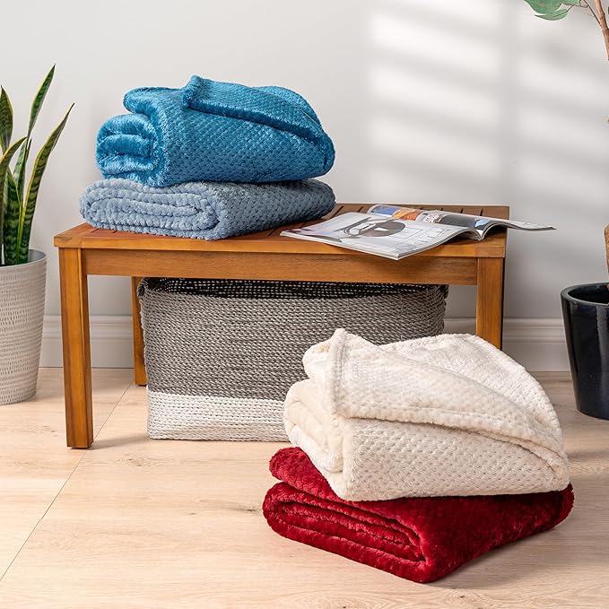 PAVILIA Dusty Blue Throw Blanket for Couch, Twin Bed, Soft Fleece Throws for Sofa Chair, Fuzzy Waffle Textured Blanket, Cozy Warm Lightweight All Season Blanket Throw, 60x80