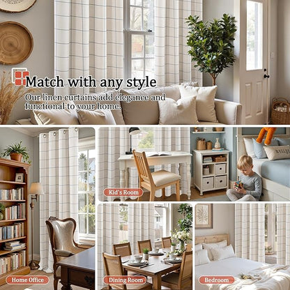 Navy Blue Plaid Curtains Pattern Printed 90 Inches Long - Total Linen Blackout Curtains for Living Room, Boho Grommet Drapes for Farmhouse Thermal Drapery 52x90 Inch 2 Panels