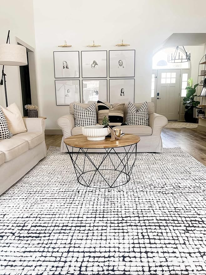 Hauteloom Keita Contemporary Mosaic Area Rug - High Pile Fluffy Soft Shag Carpet for Living Room, Bedroom - Black and White - 5'3" x 7' (5x7)
