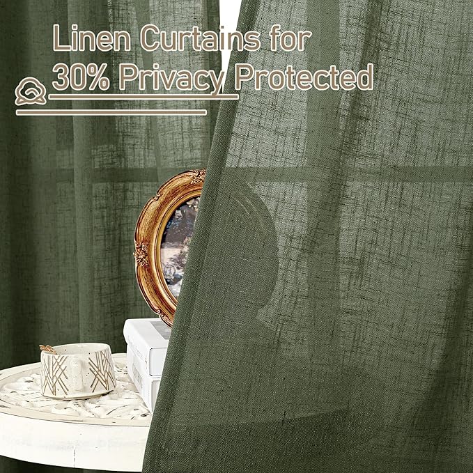 LAMIT Kitchen Semi Sheer Linen Curtains 24 Inch Long, Light Filtering Panels Back Tab and Rod Pocket Neutral Drapes for Cafe/Bathroom/Small Window, Olive Green, 2 Panels, 34 x 24 Inch
