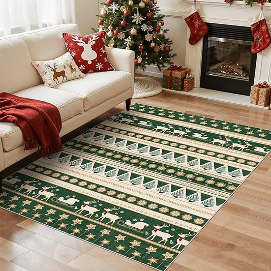 Abstract Living Room Rug 5X7 - Modern Washable Christmas Soft Thin Area Rug for Living Room Bedroom Under Dining Table - Neutral Indoor Floor Rug Carpets for Home Office Playroom Nursery - Green Gold
