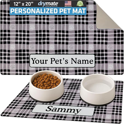 Drymate Personalized Pet Bowl Placemat, Custom Dog & Cat Food Feeding Mat - Absorbent Fabric, Waterproof Backing - Machine Washable/Durable (USA Made) (12" x 20") (Black Paw Plaid)