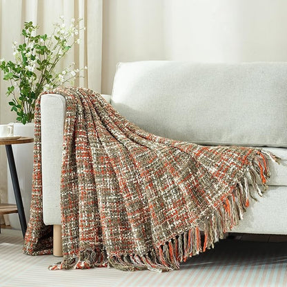 Multi-Color Orange Cable Knitted Throw Blanket for Couch,60"X80" Boho Style Textured Blankets for Home Decor,Super Soft Warm Cozy Chunky Knit Blanket with Decorative Tassels for Bed and Sofa