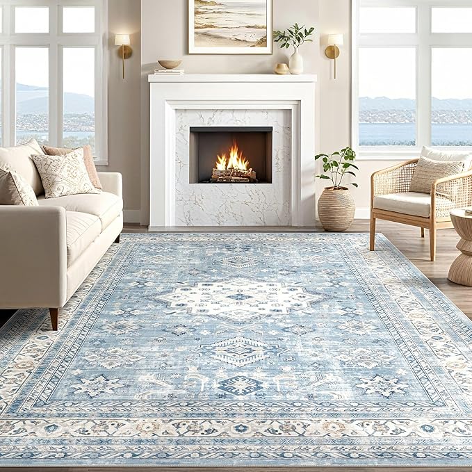 Vintage Living Room Area Rug 8x10 - Large Soft Washable Oriental Traditional Distressed Farmhouse Rugs for Bedroom - Indoor Floor Accent Carpet for Home Office House Decor - Blue
